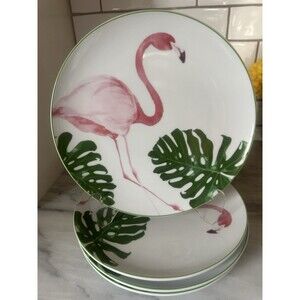 Set Of 4 Fitz & Floyd EVERYDAY WHITE PATTERN Pink Flamingo 9” SALAD PLATES